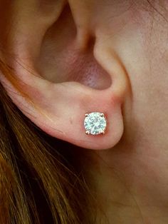 14K Solid gold & cubic cut zirconia solitaire earring. Zirconia Stone ~ 2×6mm Gold And Diamond Earrings Studs, Earrings In Diamond, Solitaire Tops Design, Diamond Ear Tops Designs, Earrings Gold Diamond, Gold Earing Tops Design New, Diamond Stud Earrings On Ear Size, Soliter Earrings, One Stone Earrings Gold