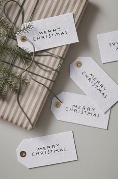 three tags with merry christmas written on them sitting next to a wrapped present box and pine tree