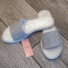 With Tag, Please See Pictures. Lovely. Casual Sandals With Rhinestones And Round Toe, Casual Rhinestone Sandals With Round Toe, Casual Rhinestone Round Toe Sandals, Casual Synthetic Sandals With Rhinestones, Trendy Silver Slide Sandals, Silver Synthetic Slides With Round Toe, White Synthetic Sandals With Rhinestones, Purple Flip Flops, Couture Heels