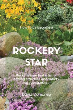 a book cover with flowers and rocks in the background