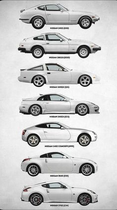 four different types of cars are shown in this diagram, with the names and numbers below them