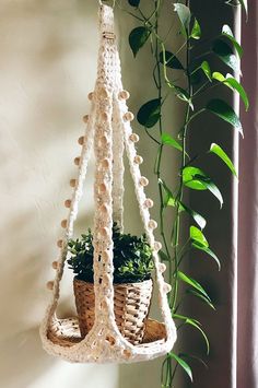 a crocheted plant hanger hanging from a wall next to a potted plant