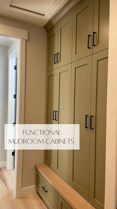 an empty room with wooden floors and cabinets in it's center is the words functional mudroom cabinets