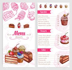 a menu for desserts with an image of cakes and cupcakes on it