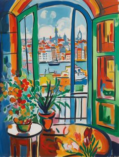 a painting of an open window with a view of a city and flowers on the table