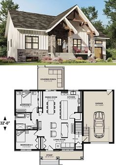 the floor plan for a small house with two car garages and an attached porch