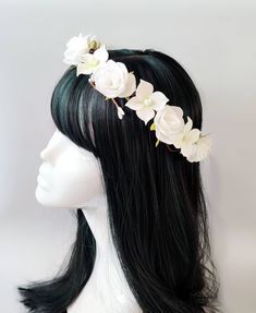 "This intricately arranged white bridal flower crown is made from pure white flowers is truly a beautiful classic headpiece. It's the perfect white rose wreath for an elegant classic wedding celebration or like first communion wreath. This ivory floral headpiece will be a great present for your flower girl. Ties up in the back with ribbons. Lovely and simple! Each pedal is hand crafted and is beautifully made from foam. It is a safe and durable material which is resistant to water, frost, sun, a Wedding Crown Flower, Flower Crown White, White Bridal Flowers, Bridesmaid Headpiece, Bridal Floral Crown, Baby Flower Crown, Wedding Hair Up, White Roses Wedding, Bridal Hairpiece