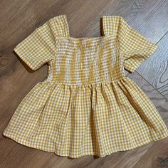 I Think This Might Be Brand New. Such A Cute Top With Stretch Across The Chest. Yellow Tops For Spring Playwear, Yellow Spring Tops For Playwear, Floral Puff Sleeve Top, Sequins Blouse, Floral Embroidered Shirt, Indian Tops, Yellow Checkered, Checkered Top, Floral Ruffle Top