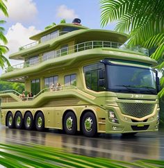 a green bus is parked in front of some palm trees and people on the roof