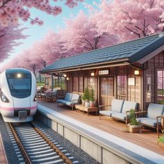 a train traveling down tracks next to a lush green forest filled with pink flowers and trees