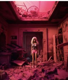 a barbie doll standing in a room full of debris