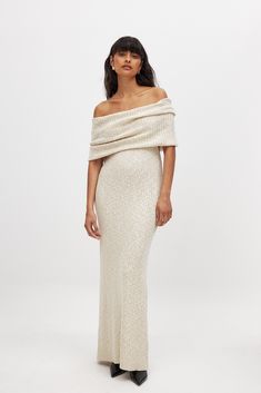 Knitted Off Shoulder Maxi Dress Beige Chic Off-shoulder Maxi Dress For Winter, Chic Off-shoulder Winter Maxi Dress, Off-shoulder Ribbed Bodycon Dress, Party Ribbed Maxi Dress, Chic Evening Ribbed Maxi Dress, Stretch Beige Maxi Dress For Evening, Off-shoulder Ribbed Party Dress, Beige Off-shoulder Chic Maxi Dress, Chic Off-shoulder Beige Maxi Dress