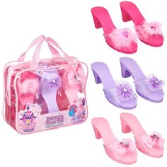 three pairs of pink and purple shoes with bows on the bottom, one in plastic