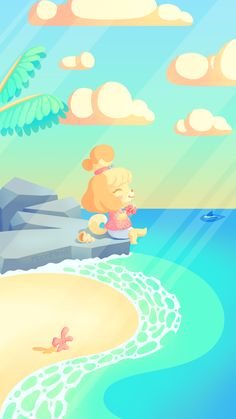 a cartoon bear sitting on top of a beach next to the ocean