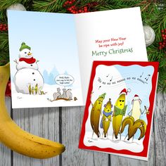 two christmas cards with bananas and a snowman