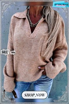 Casual Long Sleeve V-neck Sweater Straight Clothes, Pocket Sweater, Cardigan Outfits, Loose Outfit, Turndown Collar, Loose Sweater, Collar Top, Fashion Colours, Color Khaki