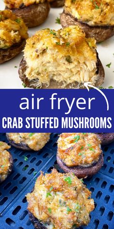 an air fryer filled with crab stuffed mushrooms