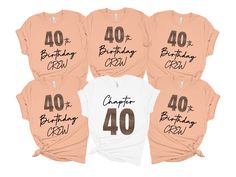 four birthday shirts with the number forty and forty on them, all in pink and white