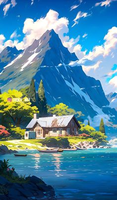 a painting of a house by the water with mountains in the background and trees around it