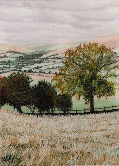 a painting of trees in a field with mountains in the background