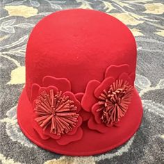 Never Worn, Bnwt! Super Cute Cloche Hat With Flowers. Casual Red Brimmed Mini Hats, Red Adjustable Cloche Hat, Red Winter Cloche Hat, Red Wide Brim Mini Hat For Winter, Red Brimmed Cloche Hat For Spring, Red Brimmed Mini Hats For Spring, Chic Red Hat For Spring, Chic Red Spring Hat, Red Wide Brim Felt Hat For Spring