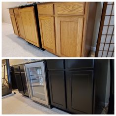 two pictures side by side showing the same kitchen cabinets