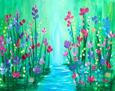 a painting of colorful flowers in the water