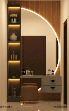 a modern bathroom with an oval mirror above the sink and shelving unit in front of it