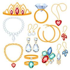 an assortment of jewelry items including rings, bracelets and necklaces on a white background