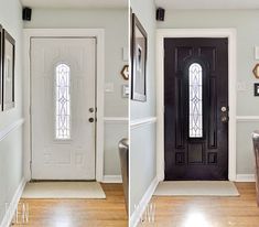 two pictures of the front door and entryway of a house with wood flooring