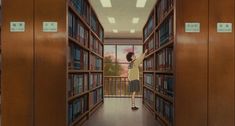 a woman is standing in the middle of a library with bookshelves full of books