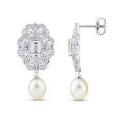 Regal and always refined, these beautiful earrings are a classic. Set in sterling silver, sparkling emerald-cut white lab-created sapphires shine, enhanced by more shimmering round white lab-created sapphires. Below, a stunning briolette-cut freshwater cultured pearl dangles to finish the look. The earrings secure with friction backs. Diamond White Sterling Silver Dangle Pearl Earrings, Formal Sterling Silver Pearl Earrings, Fine Jewelry, Wedding Clip-on Sterling Silver Pearl Earrings, Formal Sterling Silver Nickel-free Pearl Earrings, White Sterling Silver Pearl Drop Clip-on Earrings, Kay Jewelers, White Lab, Loose Stones, Emerald Stone