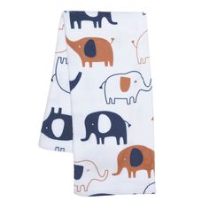 an orange and blue elephant print scarf on a white background