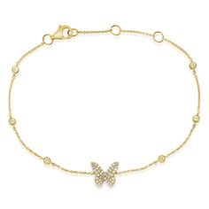 Embrace the beauty of transformation with this Diamond Butterfly Chain Bracelet, crafted in 14K Gold and adorned with sparkling diamonds totaling 0.22 carats. The graceful butterfly design symbolizes change and freedom, while the shimmering diamonds add a touch of elegance and sparkle. Available in 14K white, yellow, or rose gold, this bracelet is perfect for adding a whimsical yet sophisticated touch to any outfit. The delicate chain is adjustable for a secure, comfortable fit, making this piec Elegant Yellow Gold Bracelet With Butterfly Charm, Butterfly Chain Bracelet, Diamond By The Yard, Butterfly Chain, Engagement Rings Couple, Diamond Butterfly, Gold Sign, Butterfly Bracelet, Bezel Set Diamond