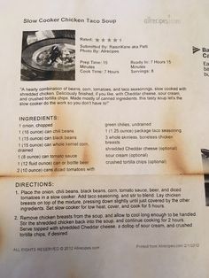 the menu for slow cooker chicken taco soup