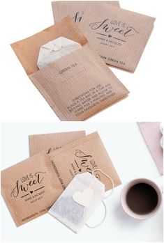 two pictures of wedding cards and a cup of coffee