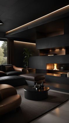 a living room with black furniture and a fire place