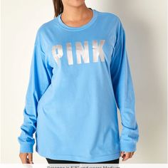 New Pink Cotton Long Sleeve Campus T-Shirt 26607705 Blue Logo Print Sweatshirt For Spring, Blue Logo Print Sweatshirt For Loungewear, Blue Athleisure Tops With Letter Print, Long Sleeve Logo Print Loungewear T-shirt, Athleisure Light Blue Crew Neck Top, Long Sleeve Text Print Athleisure Tops, Blue Long Sleeve T-shirt Athleisure, Blue Long Sleeve Athleisure T-shirt, Athleisure Tops With Logo Print For Loungewear