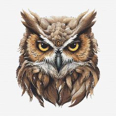 an owl with yellow eyes is shown in this cross - stitch pattern, it looks like he