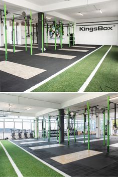 the inside of a gym with artificial grass on the floor and in the middle, there is an exercise room