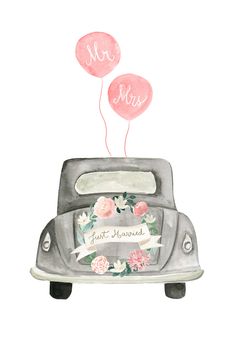 an old car with two balloons that say mr and mrs on the front, in watercolor