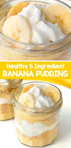 three jars filled with banana pudding and whipped cream