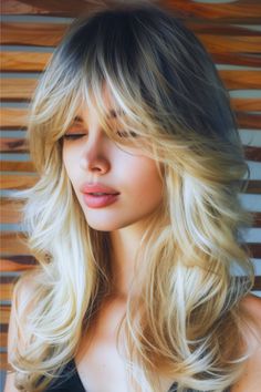 Feathered Layers with Dark Roots Long Hairstyle With Bangs. Haircut Ideas Brown Hair, Long Layered Hair With Bangs, Ash Blonde Hair Balayage, Hot Hairstyles, Feathered Layers, Blonde Hair With Pink Highlights, Bangs Ideas, Feathered Hair, Ideas Haircut