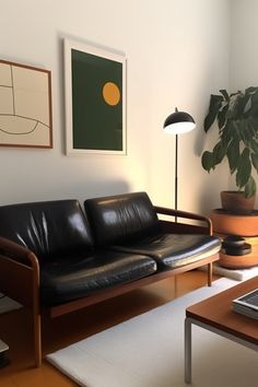 a black leather couch sitting next to a wooden table