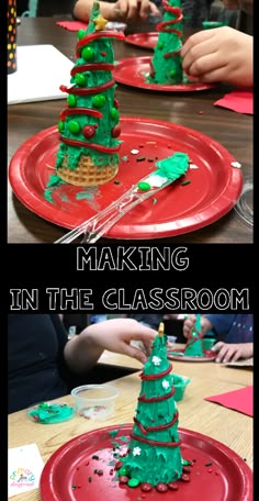 kids making christmas tree ones in the classroom