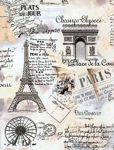 the eiffel tower is surrounded by many different types of words and pictures on it