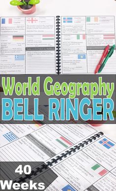 the world geography bell ringer is shown on top of a desk with notebooks and pens