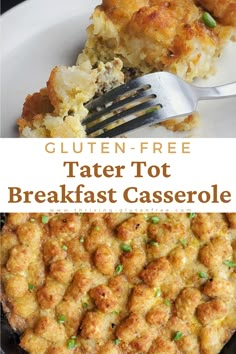 tater tot breakfast casserole on a plate with a fork in it