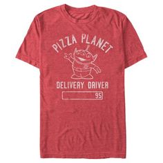 You've got a friend in this officially licensed Pixar Toy Story Serving Local Pizza Planet Delivery Driver Men's Graphic T-Shirt! Enjoy a slice of this tasty Pizza Planet-inspired tee that reads "Pizza Planet Delivery Driver '95" alongside a distressed white graphic of an adorable waving three-eyed squeeze alien to celebrate the iconic Pizza Planet restaurant. First step to infinity and beyond; second step to out-of-this-world fashion with this men's Toy Story-inspired tee! Red Novelty Cotton T-shirt, Red Cotton Novelty T-shirt, Red Themed Crew Neck T-shirt, Red Novelty T-shirt With Crew Neck, Themed Red T-shirt With Cartoon Print, Red Themed T-shirt With Cartoon Print, Red Themed Cartoon Print T-shirt, Red Themed Fan Merchandise T-shirt, Toy Story Pizza Planet