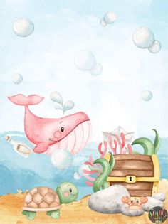 a painting of a pink whale and other animals on the beach with bubbles in the sky